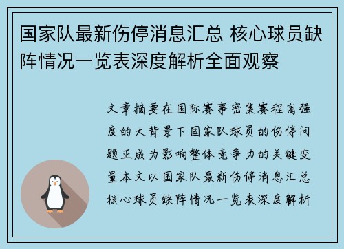 国家队最新伤停消息汇总 核心球员缺阵情况一览表深度解析全面观察