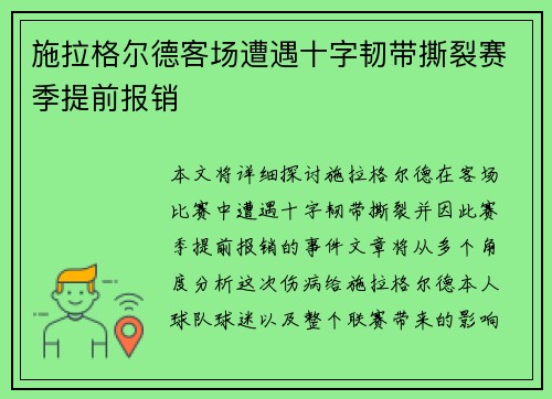 施拉格尔德客场遭遇十字韧带撕裂赛季提前报销