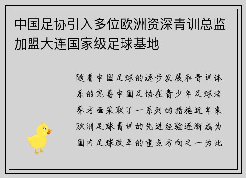 中国足协引入多位欧洲资深青训总监加盟大连国家级足球基地 中国足协引入多位欧洲资深青训总监加盟大连国家级足球基地